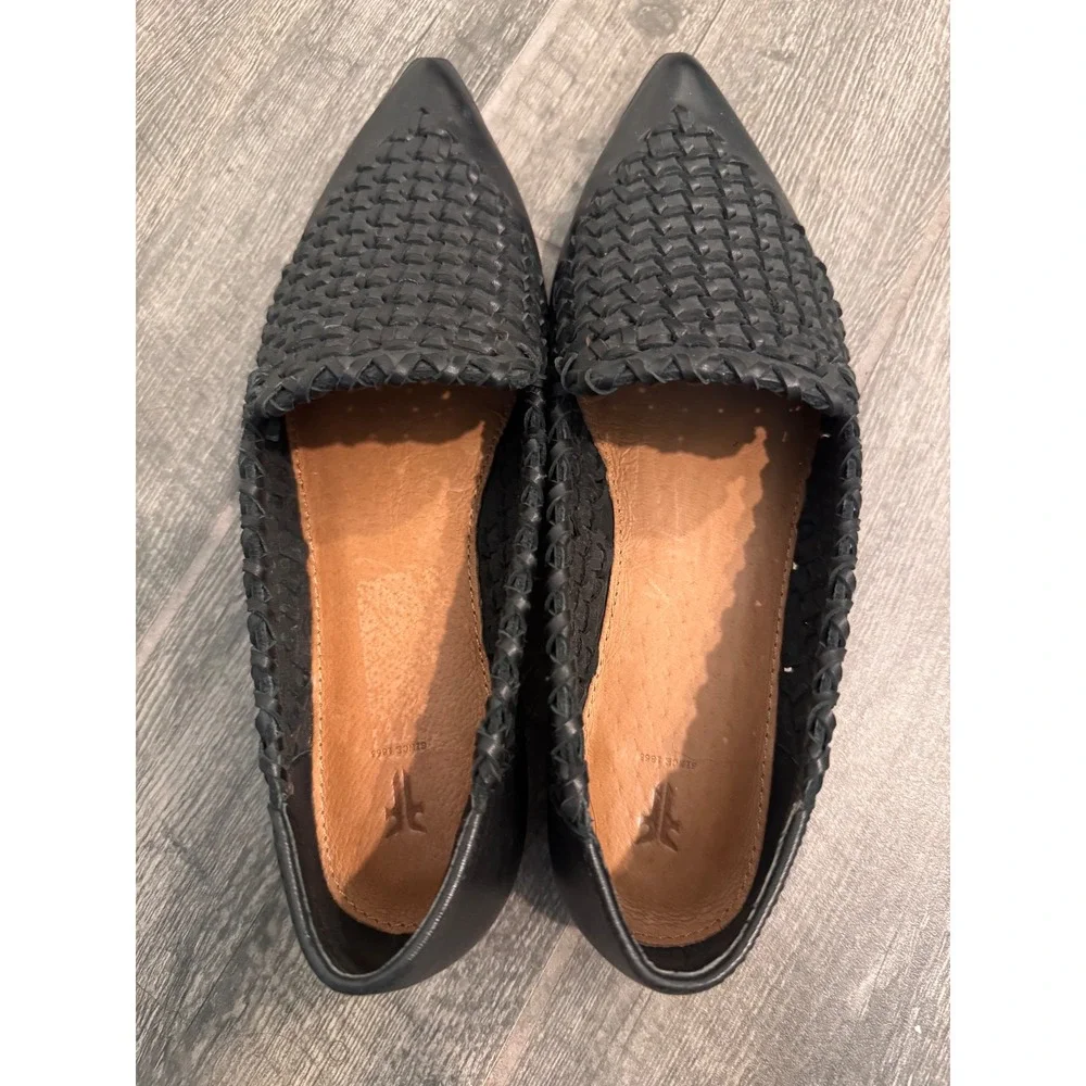 Frye Grace Crosshatch Venetian Woven Leather Pointed Toe Loafers Black 6.5M